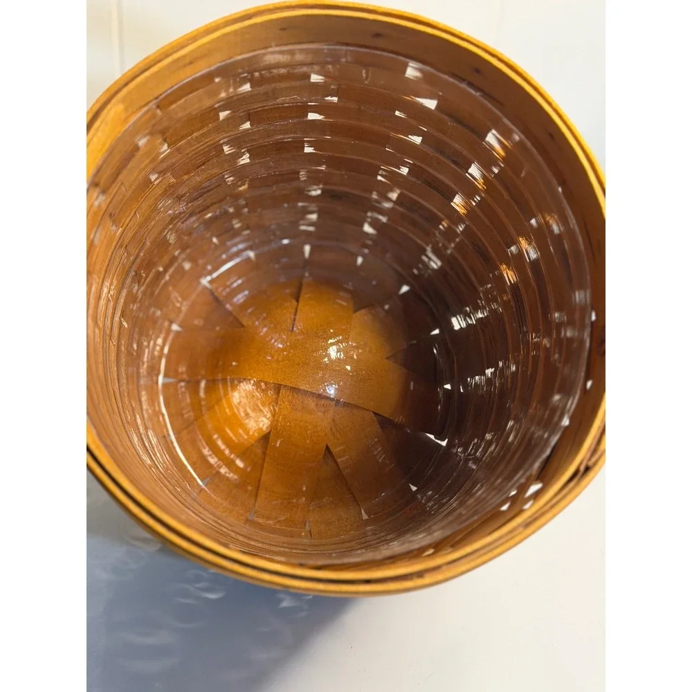 VTG Longaberger Basket Brown Round Woven Wood Handle Plastic Liner 1999 Decor